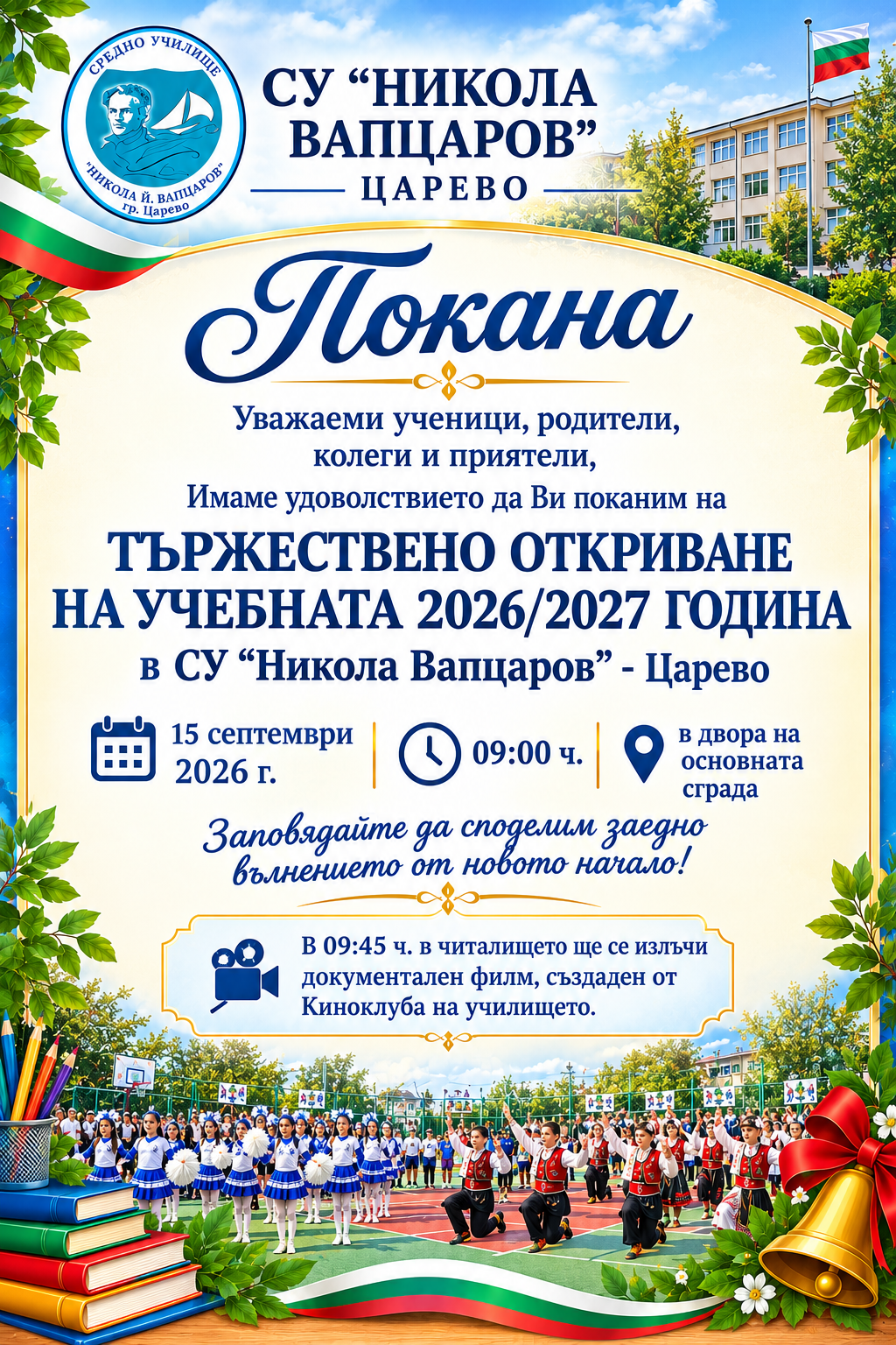 Покана за откриване на учебната 2026/2027 година - СУ Никола Йонков Вапцаров - Царево